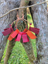 Load image into Gallery viewer, Copper Hoop Earring with Leather Fringe and Gemstones