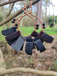 Copper Hoop Earring with Leather Fringe and Gemstones
